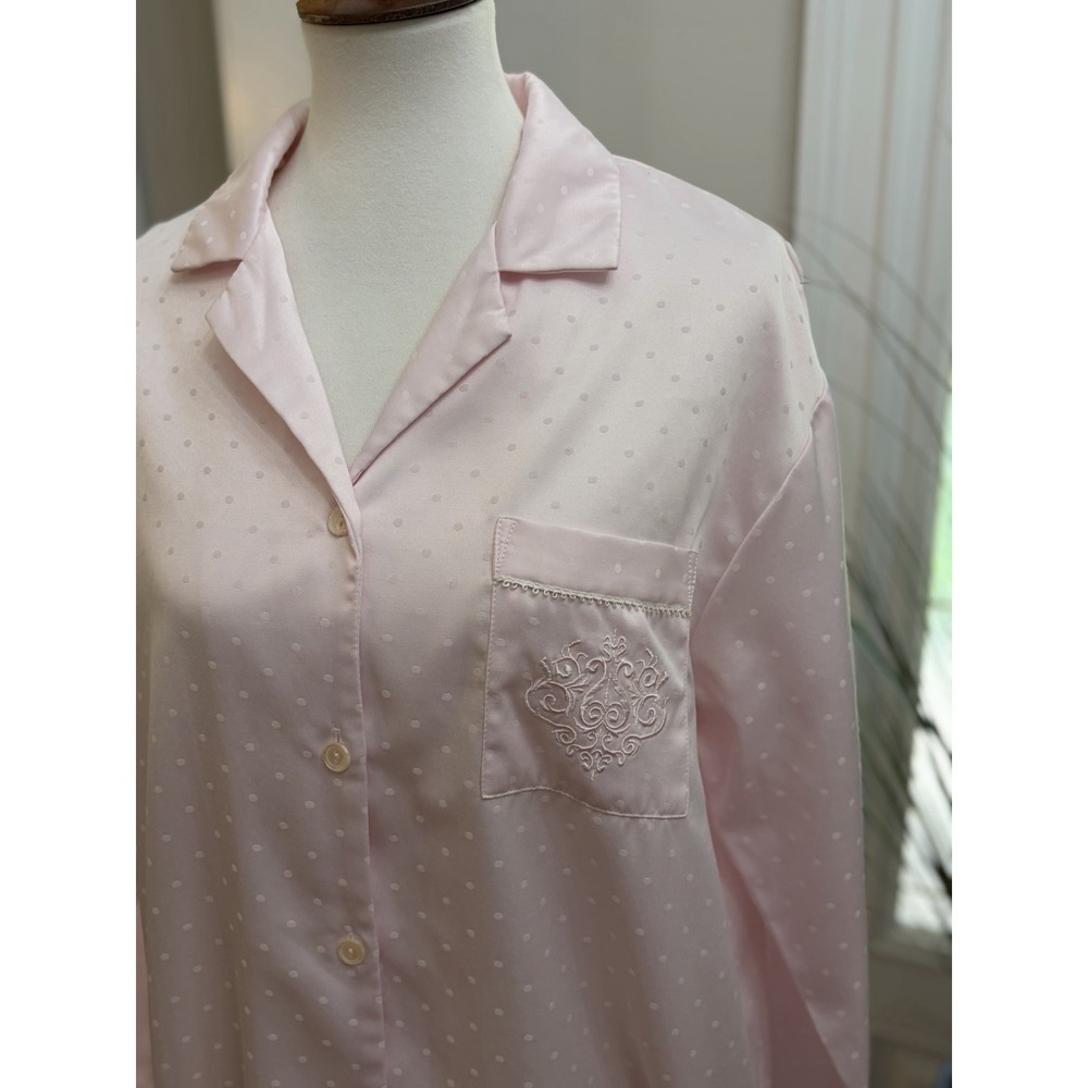 Miss Elaine Pink Nightshirt  Sz Medium Brushed Back Satin Polka Dot Nightgown - Picture 4 of 12